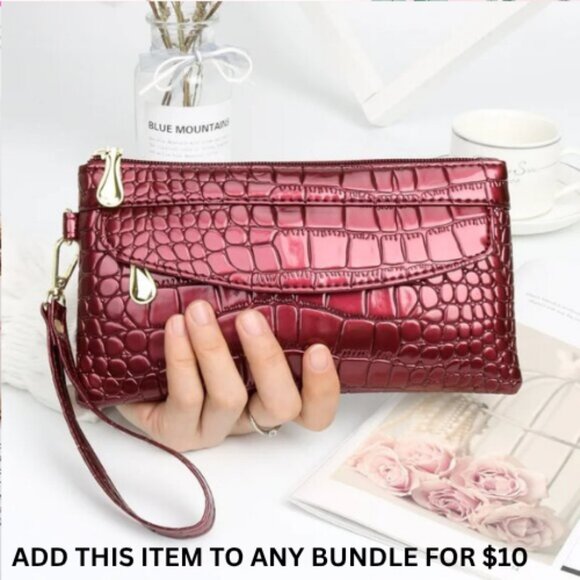 $10 ADD ON ITEM- Red Croc Embossed Clutch Wallet Leather Wristlet Purse Zipper - Picture 1 of 6